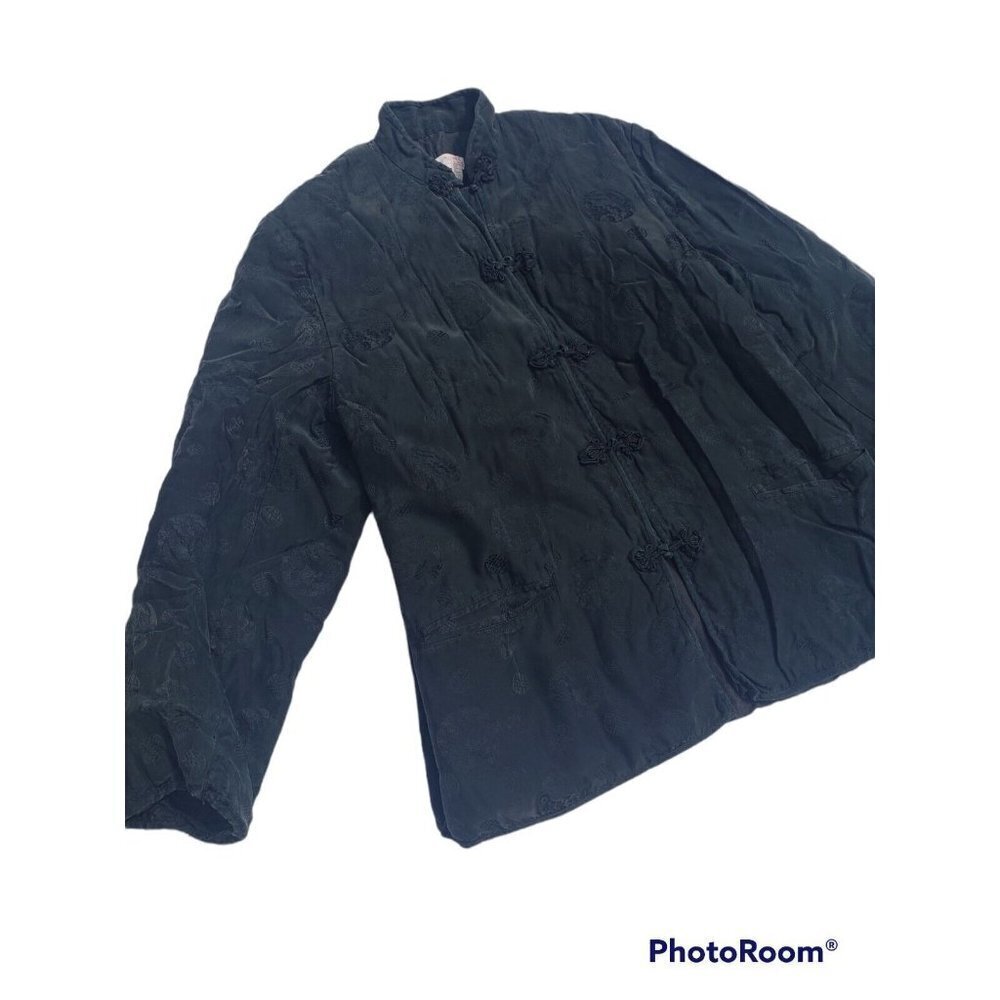 Womens Vintage Jacket 100% Silk Black Puffer XL Winter Casual Career Snap Front